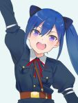  1girl :d a.k.a.zkin animal_ears aqua_background arm_at_side arm_up assault_lily belt belt_buckle blue_hair blue_jacket blush breast_pocket brown_belt buckle buttons cat_ears commentary fake_animal_ears hair_between_eyes head_tilt high_ponytail highres ishikawa_aoi jacket juliet_sleeves long_sleeves looking_at_viewer neck_ribbon open_mouth outstretched_arm pocket puffy_sleeves purple_eyes red_ribbon ribbon school_uniform side_ponytail sidelocks simple_background smile solo teeth upper_body upper_teeth_only 
