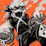  1boy bakugou_katsuki belt blurry boku_no_hero_academia breath buckle commentary depth_of_field explosive eye_mask foreshortening gloves grenade greyscale_with_colored_background hands_up high_collar knee_pads looking_at_viewer lowah male_focus open_mouth orange_background pants red_eyes sanpaku short_hair simple_background single_horizontal_stripe smoke snap-fit_buckle solo spiked_hair spot_color sweat toned toned_male twitter_username upper_body x 