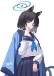  1girl absurdres animal_ears black_hair blue_archive haori highres japanese_clothes kaijiba kikyou_(blue_archive) long_sleeves looking_at_viewer school_uniform serafuku shirt short_hair simple_background solp white_background white_shirt 