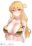  1girl armpit_crease bare_shoulders bikini blonde_hair blush braid breasts cleavage cropped_torso elbow_gloves gloves gold_bikini hair_between_eyes huge_breasts kantai_collection large_breasts long_hair looking_at_viewer navel one-hour_drawing_challenge parted_lips red_eyes solo swimsuit tf_cafe upper_body zara_(kancolle) 