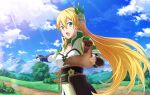  1girl alternate_costume alternate_hairstyle armor blonde_hair blue_sky cloud day faulds fingerless_gloves floating_hair gloves green_eyes hair_between_eyes holding lisbeth_(sao) long_hair looking_at_viewer outdoors outstretched_arm pointy_ears sky solo sunlight sword_art_online underbust very_long_hair white_gloves 
