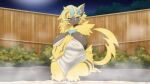  anthro big_breasts blonde_hair breasts covering covering_self curvy_figure feet_in_water felid female fur generation_7_pokemon hair hi_res hot_spring huge_breasts legendary_pokemon mammal monokurosekai06 night nintendo nude outside pokemon pokemon_(species) sitting sky solo star tail thick_thighs towel towel_only voluptuous water yellow_body yellow_fur zeraora 