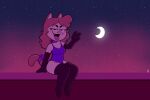  accessory amy_(creator_ant) anthro clothed clothing creator_ant crescent_moon domestic_cat felid feline felis female gesture hair hi_res long_hair looking_at_viewer mammal moon night sitting skimpy solo tail v_sign 