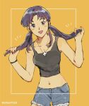  1girl blush_stickers breasts cross cross_necklace holding holding_hair jewelry katsuragi_misato nail_polish navel necklace neon_genesis_evangelion open_mouth purple_hair shiso7110 shorts solo yellow_background 