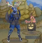  absurd_res ambiguous_gender anthro bare_breasts black_body breasts clothed clothing duo english_text female feral generation_6_pokemon genitals gmad gourgeist hi_res legendary_pokemon leggings legwear nintendo no_underwear outside pokemon pokemon_(species) pussy standing text xerneas 