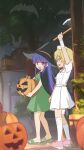  2girls axe bandaged_leg bandaged_wrist bandages bat_(animal) black_cloak blonde_hair blunt_bangs cloak commentary_request dress food furude_rika green_dress green_footwear hair_between_eyes halloween halloween_costume hat highres higurashi_no_naku_koro_ni hime_cut holding holding_axe holding_food holding_pumpkin holding_vegetable houjou_satoko jack-o&#039;-lantern long_hair multiple_girls night nurse nurse_cap open_mouth outdoors pink_footwear pumpkin purple_eyes purple_hair sandals shoes short_hair sidelocks socks suit_jacket tonogai_yoshiki vegetable white_dress white_headwear white_socks witch 