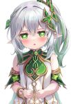  1girl absurdres bare_shoulders blush bracelet bright_pupils cape commentary_request cross-shaped_pupils detached_sleeves dress genshin_impact gradient_hair green_cape green_eyes green_hair grey_hair hair_between_eyes hair_ornament highres jewelry leaf_hair_ornament long_hair looking_at_viewer mihasu multicolored_hair nahida_(genshin_impact) parted_lips pointy_ears side_ponytail sidelocks simple_background sleeveless sleeveless_dress solo symbol-shaped_pupils white_background white_dress 