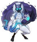  1girl body_fur body_markings bow_(weapon) colored_skin fangs full_body furry furry_female grey_fur highres holding holding_bow_(weapon) holding_weapon hooves kindred_(league_of_legends) lamb_(league_of_legends) league_of_legends long_hair looking_at_viewer mask sharp_teeth sookmo teeth weapon white_background white_hair white_skin wolf_(league_of_legends) 