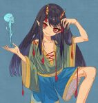  1girl black_hair blue_background blue_shorts cel_shading closed_mouth commentary_request echu_8742 feet_out_of_frame flat_chest green_shirt long_hair long_sleeves looking_at_viewer nippaku_zanmu plunging_neckline pointy_ears red_eyes shirt shorts sidelocks simple_background skull smile solo tassel touhou wide_sleeves yellow_horns 