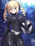  1girl angelina_kudou_shields arm_at_side ass_visible_through_thighs black_bodysuit blonde_hair blue_eyes blue_ribbon blush bodysuit breasts cameltoe carrying carrying_under_arm closed_mouth commentary_request contrapposto covered_navel covered_nipples cowboy_shot drill_hair hair_between_eyes hair_ribbon helmet highres large_breasts looking_at_viewer mahouka_koukou_no_rettousei paid_reward_available pasya-pasya ribbon skin_tight smile solo twin_drills twintails 