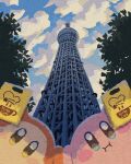  :i bag blue_eyes blush_stickers cloud cloudy_sky evening from_below highres holding holding_bag kirby kirby_(series) kirby_cafe looking_at_viewer miclot no_humans outdoors sky tokyo_skytree tree waddle_dee yellow_eyes 