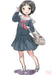  1girl alternate_costume bag bandaid bandaid_on_knee bandaid_on_leg black_hair brown_eyes commentary_request fuji_(pixiv24804665) full_body grey_shirt grey_skirt highres kantai_collection long_sleeves looking_at_viewer maru-yu_(kancolle) neckerchief open_mouth pleated_skirt red_neckerchief round_teeth sailor_collar sailor_shirt school_bag school_uniform serafuku shirt short_hair simple_background skirt smile solo standing teeth thick_eyebrows upper_teeth_only white_background white_footwear white_sailor_collar winter_uniform 
