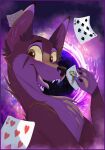  2023 ambiguous_gender black_eyebrows black_nose border brown_body brown_ears brown_eyes brown_fur brown_markings canid canine card eyebrows feral fluffyfoxarts fur hearts_(suit) hi_res holding_object holding_playing_card joker_(playing_card) looking_at_viewer mammal markings multicolored_body multicolored_fur open_mouth paws pink_border pink_inner_ear pink_tongue playing_card portal sharp_teeth signature snout solo space spades_(suit) star suit_symbol teeth tongue two_tone_body two_tone_fur white_body white_fur yellow_sclera 