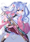  1girl absurdres animal_ear_fluff animal_ears aoi_nika_(vtuber) black_necktie black_socks blue_eyes blue_hair cat_ears cat_girl cat_tail commission cross finger_on_trigger frilled_skirt frills green_ribbon gun hair_ribbon heterochromia highres holding holding_gun holding_weapon indie_virtual_youtuber jacket kneehighs long_hair necktie open_clothes open_jacket pink_jacket pink_ribbon piyokuma red_eyes red_skirt ribbon rifle shirt skeb_commission skirt socks solo striped_necktie tail thigh_strap vertical-striped_necktie weapon white_shirt 