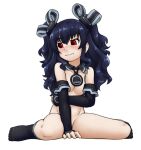  1girl alloyrabbit black_gloves black_hair black_socks breasts covering covering_breasts covering_crotch elbow_gloves embarrassed gloves long_hair looking_at_viewer neptune_(series) no_shoes nude red_eyes sitting small_breasts socks solo twintails uni_(neptune_series) 