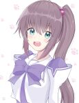  1girl absurdres blue_eyes blush bow breasts brown_gloves gloves hakuryou_high_school_uniform highres juliet_sleeves long_hair long_sleeves looking_at_viewer medium_breasts muv-luv open_mouth paw_print puffy_sleeves purple_bow school_uniform shirt side_ponytail sin_sin_shinji tsukiji_tae upper_body very_long_hair white_background white_shirt 