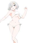  1girl 30-06 bare_legs bikini blue_eyes bouncing_breasts breasts feet_out_of_frame grey_hair hair_ornament hair_over_one_eye hairclip hamakaze_(kancolle) highres kantai_collection large_breasts looking_at_viewer navel open_mouth ribbon short_hair side-tie_bikini_bottom simple_background solo standing stomach swimsuit thigh_gap underboob white_background white_bikini white_ribbon 