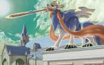  1other ambiguous_gender black_claws castle claws cloud dragonnapoli green_sky holding holding_sword holding_weapon mouth_hold no_humans outdoors pokemon sharp_teeth sun sword teeth weapon yellow_eyes zacian 