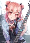  1girl almic alternate_hairstyle bang_dream! bangs bass_guitar black_choker black_dress blue_jacket blush breasts cat_hair_ornament choker cleavage collarbone commentary_request double_bun dress esp_guitars hair_between_eyes hair_bun hair_ornament hairclip highres hiromachi_nanami holding holding_instrument instrument jacket looking_at_viewer medium_breasts medium_hair official_art open_clothes open_jacket open_mouth pink_eyes pink_hair ribbon sidelocks solo sweatdrop 