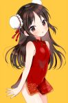  1girl bare_shoulders blush breasts brown_eyes brown_hair bun_cover china_dress chinese_clothes covered_navel cowboy_shot dot_nose double_bun dress from_side hair_bun hair_ribbon highres idolmaster idolmaster_cinderella_girls idolmaster_cinderella_girls_starlight_stage idolmaster_cinderella_girls_u149 long_hair looking_at_viewer open_mouth print_dress red_dress red_ribbon ribbon shima(kanidess) side_slit simple_background sleeveless sleeveless_dress small_breasts solo tachibana_arisu yellow_background 