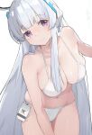 1girl absurdres alternate_costume bare_shoulders bikini blue_archive blunt_bangs blush breasts cleavage closed_mouth collarbone commentary_request cowboy_shot grey_hair halo halterneck headgear highres id_card large_breasts leaning_forward long_hair looking_at_viewer mechanical_halo nanami_kazuki navel noa_(blue_archive) purple_eyes signature simple_background smile solo string_bikini swimsuit thighs very_long_hair white_background white_bikini 