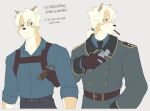  2023 5_fingers anthro belt bottomwear brown_eyes canid canine canis cigar clothed clothing czechoslovakian_wolfdog dobroshaw_(skecchiart) domestic_dog dress_shirt facial_tuft fingers gloves grey_background gun hair handgun handwear herding_dog hi_res holding_object holster hybrid inner_ear_fluff lighter looking_away male mammal neck_tuft necktie pants pastoral_dog ponytail ranged_weapon sheepdog shirt simple_background skecchiart solo tied_hair topwear tuft uniform weapon white_hair wolfdog 