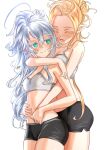  2girls arm_around_neck artist_name bike_shorts black_shorts blonde_hair breasts closed_eyes commentary elf fang folded_ponytail green_eyes highres hug hug_from_behind kein_hasegawa long_hair looking_at_another looking_back multiple_girls navel open_mouth original pointy_ears short_shorts shorts signature simple_background small_breasts sports_bra very_long_hair white_background white_hair white_sports_bra yuri 
