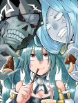  1boy 2girls anger_vein blue_hair breasts detached_collar detached_sleeves dizzy_(guilty_gear) food food_in_mouth guilty_gear guilty_gear_xrd hair_rings highres holding holding_food holding_pocky large_breasts long_hair long_sleeves looking_at_another mariebell monster_girl multiple_girls necro_(guilty_gear) pocky pocky_in_mouth red_eyes ribbon skull undine_(guilty_gear) yellow_ribbon 