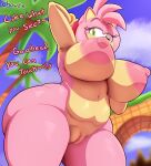  2023 amy_rose anthro areola big_breasts breasts chowdie dialogue digital_media_(artwork) english_text eulipotyphlan eyebrows eyelashes female genitals hedgehog hi_res huge_breasts mammal nipples outside pussy sega solo sonic_the_hedgehog_(series) text 
