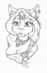  2014 anthro armlet biped breasts brooch bust_portrait cheek_tuft cleavage clothed clothing coyotek diantha_(rhazzazor) domestic_cat ear_piercing ear_ring eyebrows facial_tuft feathers felid feline felis female front_view gem hair hi_res jewelry line_art long_hair looking_at_viewer mammal monochrome piercing portrait ring_piercing simple_background solo tuft white_background 