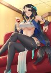  1girl bare_arms bare_shoulders black_hair breasts clothing_request commission couch crossed_legs cup drinking_glass hair_ornament highres holding holding_cup indoors japanese_clothes large_breasts loincloth long_hair looking_at_viewer on_couch sadina_(tate_no_yuusha_no_nariagari) sarashi second-party_source sitting smirk solo stomach tate_no_yuusha_no_nariagari underboob villyane wine_glass 