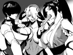  3girls angel_(kof) breasts gamzamugur hair_over_eyes hair_over_one_eye hand_fan hands_on_own_chest holding holding_fan looking_at_viewer multiple_girls ninja ponytail shermie_(kof) shiranui_mai the_king_of_fighters 