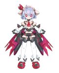  1girl absurdres ahoge ascot blue_hair cheri_zao commentary full_body grin highres joints light_blue_hair looking_at_viewer mechanical_wings mechanization red_ascot red_eyes remilia_scarlet robot_girl robot_joints short_hair simple_background smile solo straight-on touhou white_background wings 