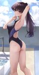  1girl absurdres adjusting_clothes adjusting_swimsuit armpits arms_up ass back back_cutout black_hair blue_one-piece_swimsuit blush breasts clothing_cutout competition_swimsuit high_ponytail highres komi-san_wa_komyushou_desu komi_shouko large_breasts long_hair looking_at_viewer one-piece_swimsuit outdoors poolside purple_eyes solo swimsuit thighs yuhi 