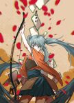  1girl absurdly_long_hair archery arm_up blue_eyes blue_hair blue_hakama blurry blurry_background bow_(weapon) brown_background chiko_(berry) contrapposto covered_mouth cowboy_shot floating_hair gloves hakama hakama_short_skirt hakama_skirt hanging_scroll hatsune_miku highres holding holding_bow_(weapon) holding_weapon japanese_clothes kimono kyuudou long_hair looking_at_viewer mani_mani mani_mani_(vocaloid) motion_blur muneate orange_kimono partially_fingerless_gloves petals scroll skirt solo song_name translation_request twintails very_long_hair vocaloid weapon wide_sleeves yugake yumi_(bow) 