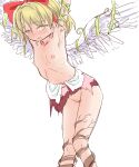  1girl armpits arms_up blonde_hair blush bow breasts commentary_request feathered_wings gengetsu_(touhou) hair_bow nipples plant pussy red_bow restrained ribs s-a-murai short_hair small_breasts solo torn touhou touhou_(pc-98) vines white_background white_wings wings yellow_eyes 