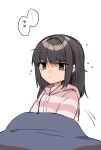  1girl blanket brown_eyes expressionless hayashio_(kancolle) highres hood hooded_sweater kantai_collection long_hair messy_hair mole mole_under_eye pink_sweater shirasumato simple_background sleepwear sleepy solo speech_bubble striped striped_sweater sweater upper_body white_background 