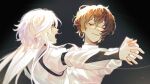  2boys absurdres bandaged_hand bandaged_neck bandages brown_hair bungou_stray_dogs closed_eyes closed_mouth dancing dazai_osamu_(bungou_stray_dogs) facing_another facing_viewer grey_eyes highres holding_hands joonsbubu long_hair long_sleeves looking_at_viewer male_focus multiple_boys shirt sigma_(bungou_stray_dogs) white_hair white_shirt yaoi 