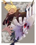  1boy absurdres ahoge black_hoodie blonde_hair border commentary_request gladion_(pokemon) green_eyes grey_background highres hood hoodie male_focus open_mouth pokemon pokemon_(creature) pokemon_sm short_hair silvally solo tail v-shaped_eyebrows white_border yu_(pocketsun636) 