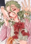  1girl bow dr._stone ei_(gibeon) genderswap genderswap_(mtf) green_hair hair_between_eyes highres ishigami_senkuu jacket long_hair long_sleeves lying on_back on_bed pink_jacket red_bow red_eyes shirt upper_body white_shirt 