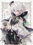  1boy black_bow black_headwear black_necktie black_shorts bow capelet chalice green_eyes grey_background hat highres holding_chalice looking_at_viewer male_focus mini_hat namiki_itsuki necktie open_mouth original shirt short_hair shorts smile solo white_capelet white_hair white_shirt 