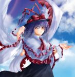  1girl black_skirt blue_hair blue_sky bowler_hat cloud cloudy_sky hat hat_ribbon highres looking_at_viewer medium_hair nagae_iku red_eyes red_ribbon ribbon shee_take skirt sky solo touhou 