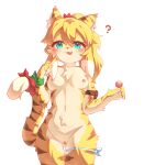  1girl :3 ? animal_ear_fluff animal_ears animal_nose aqua_eyes ass_visible_through_thighs bar_censor black_fur blonde_hair blush body_fur breasts candy censored completely_nude cowboy_shot fang finger_to_cheek food furry furry_female green_ribbon hair_between_eyes hands_up highres holding holding_candy holding_food holding_lollipop lalamedli lollipop looking_at_viewer medium_hair mia_(world_flipper) navel nipples nude open_mouth ponytail pussy red_ribbon ribbon simple_background skin_fang small_breasts solo tail tail_ornament tail_raised tail_ribbon thigh_gap thigh_strap tiger_ears tiger_girl tiger_stripes tiger_tail white_background white_fur world_flipper wrist_ribbon yellow_fur 