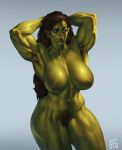  2023 absurd_res armpit_hair biceps big_breasts big_muscles blue_eyes bodily_fluids body_hair breasts female green_body green_skin hair hi_res humanoid humanoid_pointy_ears justsomenoob muscular muscular_female nipples not_furry orc pubes quads solo sweat sweaty_breasts triceps tusks vein veiny_breasts 