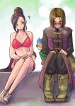  2boys 2girls ? @_@ bare_shoulders bikini blue_eyes blue_hair breasts brown_hair camus_(dq11) chinyan cleavage collarbone commentary_request dragon_quest dragon_quest_xi embarrassed hero_(dq11) high_ponytail highres large_breasts martina_(dq11) multiple_boys multiple_girls pink_bikini purple_eyes purple_hair sandals sitting swimsuit toenails toes twitter_username veronica_(dq11) 