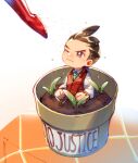  1boy ace_attorney antenna_hair apollo_justice aqua_necktie bracelet breast_pocket brown_eyes brown_hair buried character_name clenched_hands closed_mouth collared_shirt flower_pot hi-fi_(fijazzy) in_pot jewelry lapel_pin lapels male_focus mini_person miniboy necktie one_eye_closed plant pocket red_vest shirt short_hair sleeves_past_elbows solo upper_body v-shaped_eyebrows vest water watering watering_can white_shirt 