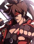  1boy :o absurdres arc_system_works black_jacket brown_hair clenched_hand collarbone commentary_request fingerless_gloves forehead_protector foreshortening gloves gokuu_(acoloredpencil) guilty_gear guilty_gear_strive hair_between_eyes headband highres jacket long_hair lower_teeth_only male_focus multicolored_clothes multicolored_jacket muscular muscular_male open_clothes open_jacket outrage_mk_ii pectorals ponytail red_eyes red_jacket simple_background sol_badguy solo spiked_hair sword teeth upper_body weapon white_background 