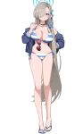  1girl absurdres asuna_(blue_archive) bikini black_choker blue_archive blue_bikini blue_jacket blue_nails blue_ribbon breasts choker commentary feet flip-flops full_body grey_hair hair_ornament hair_over_one_eye hair_ribbon hair_scrunchie halo hand_on_own_hip hand_up highres huge_breasts jacket legs long_hair long_sleeves looking_at_viewer nail_polish navel off_shoulder open_clothes open_jacket parted_bangs pizzasi ribbon sandals scrunchie shadow shiny_skin side-tie_bikini_bottom sidelocks solo standing striped striped_bikini swimsuit thighs toenail_polish toenails toes very_long_hair white_bikini 