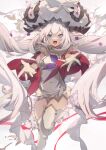  1girl absurdres blue_eyes boots fate/grand_order fate_(series) frilled_headwear gloves highres long_hair marie_antoinette_(fate) marie_antoinette_(third_ascension)_(fate) no-kan open_mouth reaching reaching_towards_viewer solo thigh_boots white_footwear white_gloves white_hair white_headwear 
