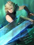  1boy armor baggy_pants black_gloves blonde_hair blue_eyes buster_sword character_name cloud_strife commentary_request dated fighting_stance final_fantasy final_fantasy_vii fingerless_gloves gloves hair_between_eyes holding holding_sword holding_weapon huge_weapon kudou_asami looking_to_the_side male_focus one-hour_drawing_challenge pants parted_lips serious short_hair shoulder_armor single_bare_shoulder sleeveless sleeveless_turtleneck solo spiked_hair sweater sword turtleneck turtleneck_sweater twitter_username weapon 